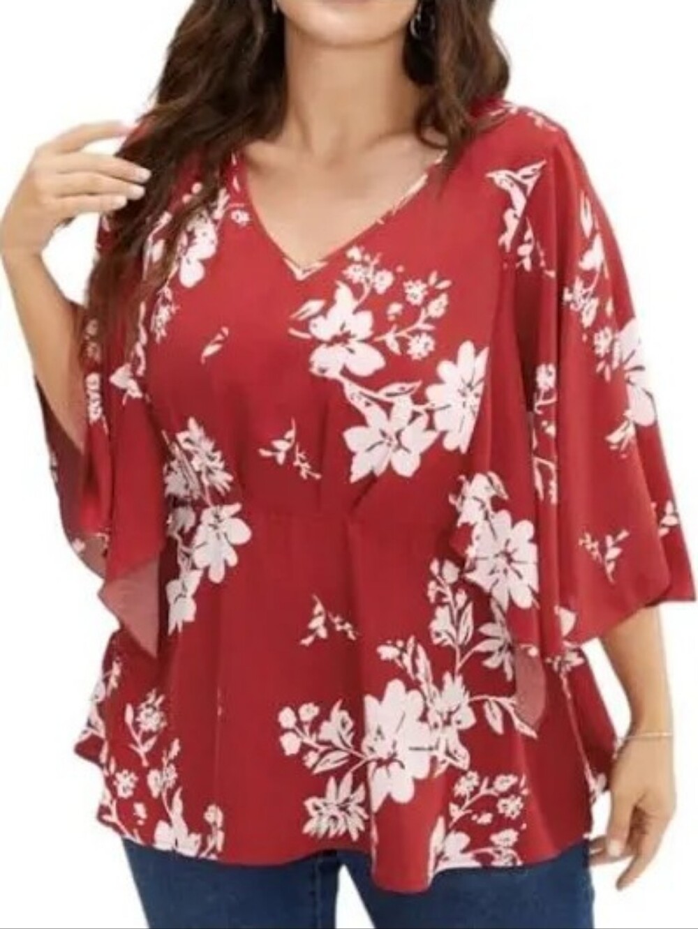Bloomchic Dark Red Floral V-Neck Blouse With Wide Flowing Sleeves 1x